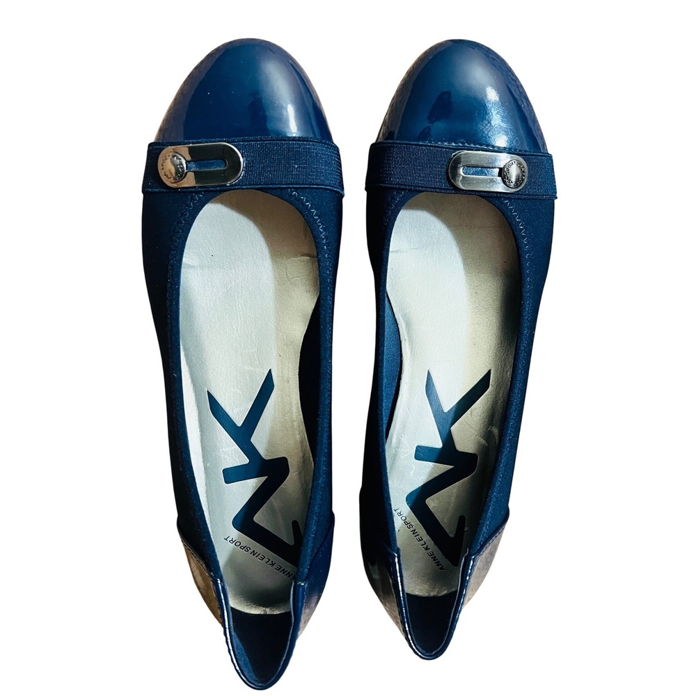 Anne Klein Sport 6.5 Navy Blue Patent Accent Wedge Pumps Silver Buckle Detail